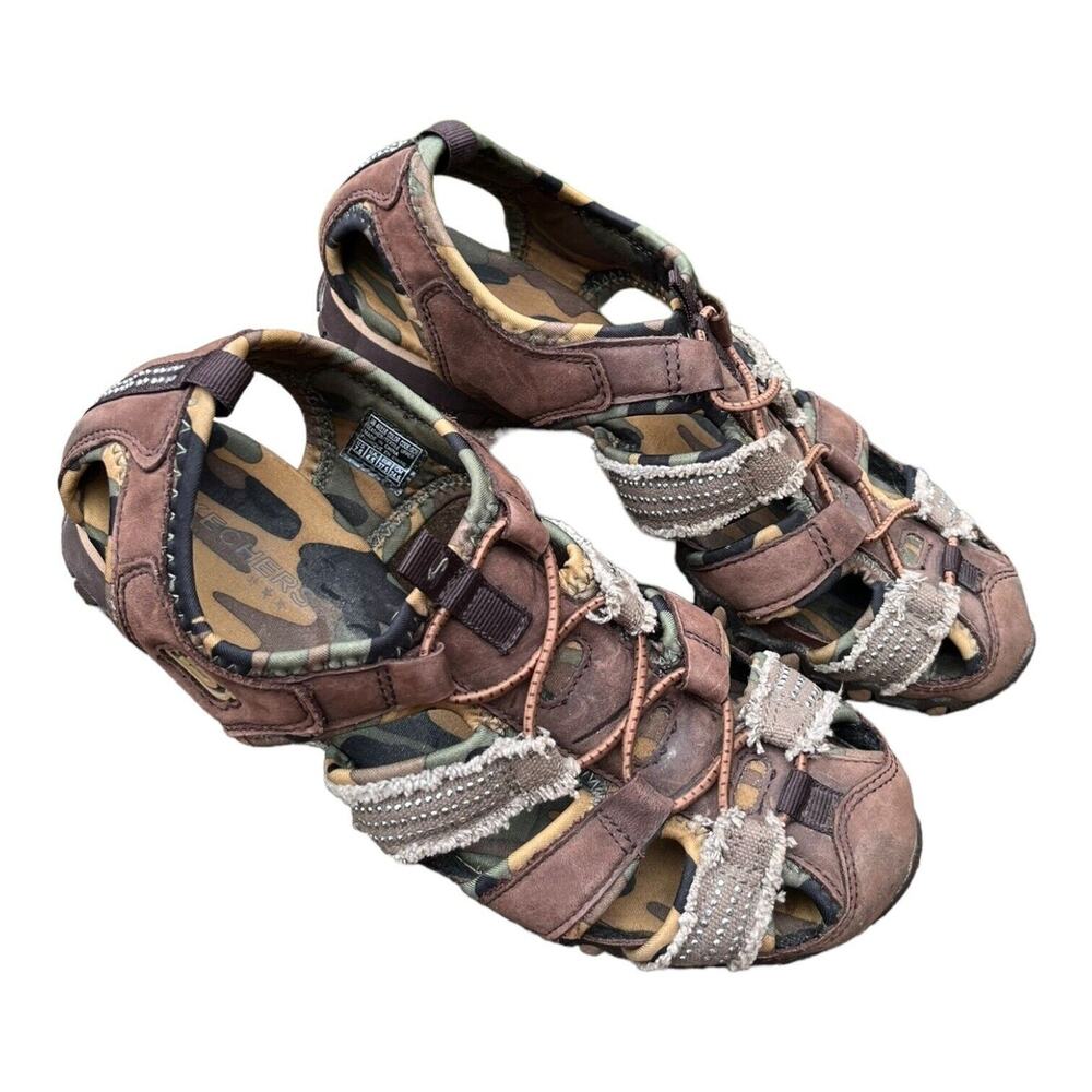 Skechers Sandals Womens 7.5 Brown Camo Suede Leather Fisherman Pull On SN 46116
